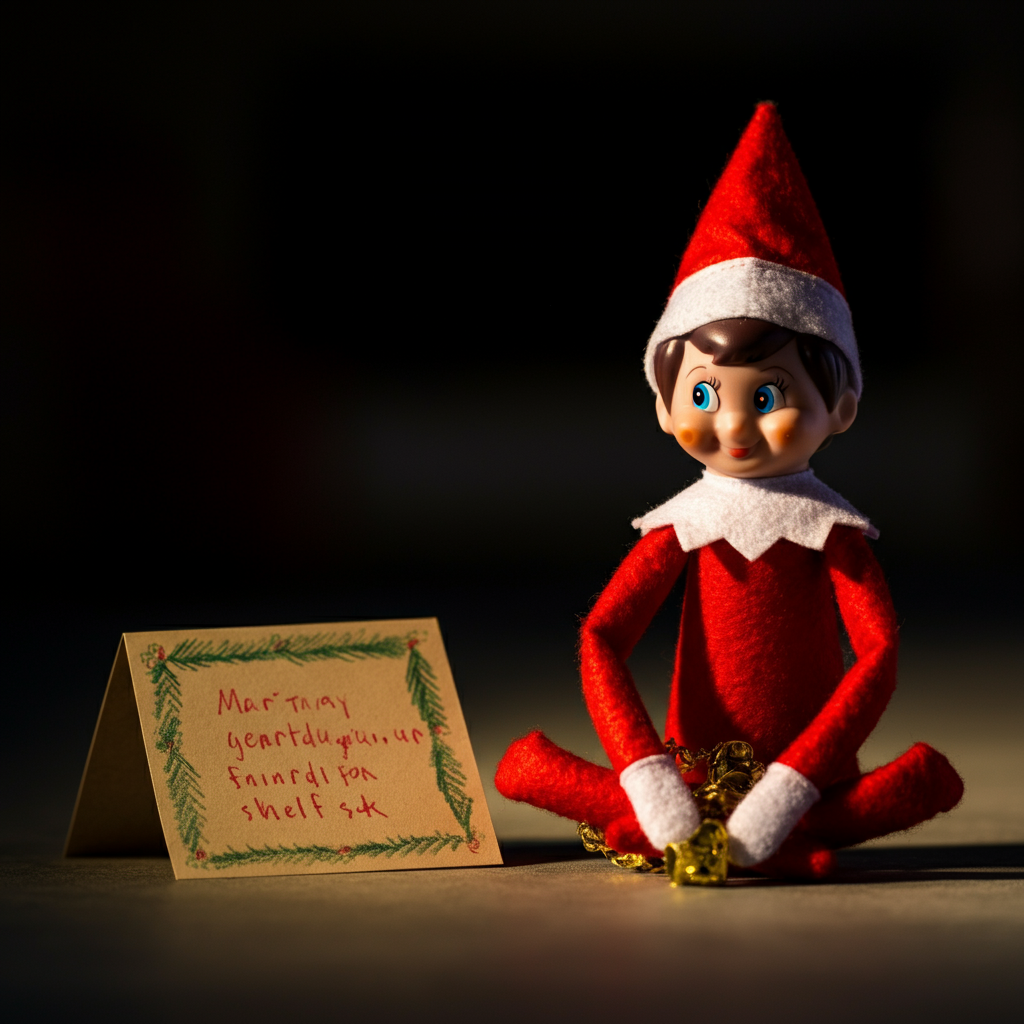 A close-up of a small, handwritten note next to an Elf on the Shelf. The note is slightly crumpled and has a festive border drawn with crayon. Soft, golden hour lighting illuminates the note and the elf.