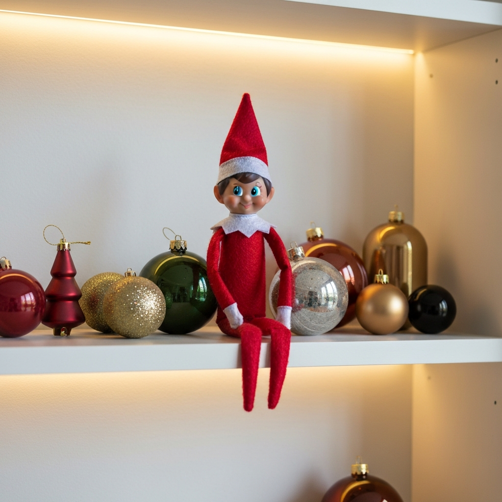 A side-lit shelf showcasing various Christmas ornaments and decorations. The Elf on the Shelf is perched securely among the decorations, its expression suggesting a watchful gaze. The scene has a shallow depth of field, emphasizing the elf and blurring the background.