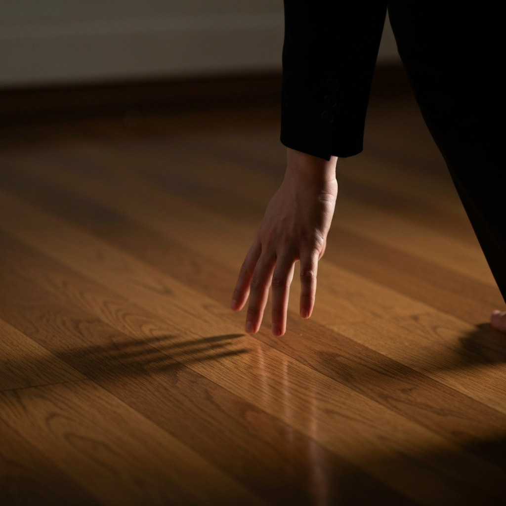 Close-up shot of a hand gently running across a hardwood floor, side-lit to emphasize the texture of the wood grain.