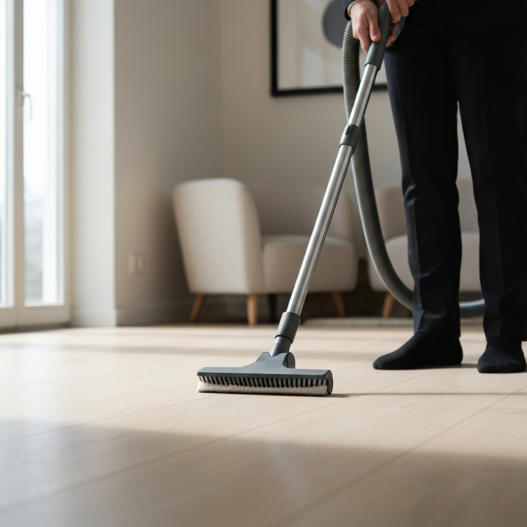 A person using a vacuum cleaner with a soft brush attachment on a light-colored hardwood floor. The vacuum is angled slightly to show the brush detail, with soft bokeh in the background.