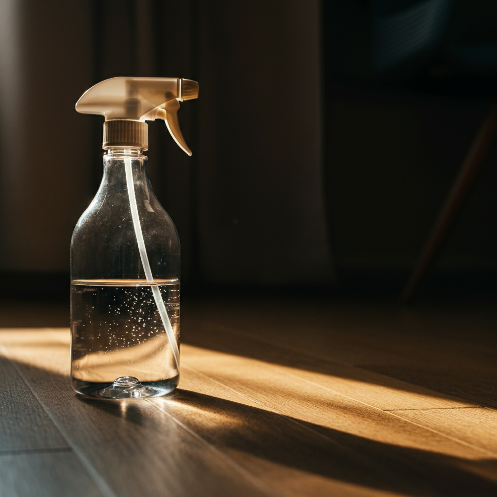Close-up of a spray bottle filled with a clear cleaning solution, resting on a hardwood floor. Sunlight streams in from a window, illuminating the bottle and creating a warm glow.