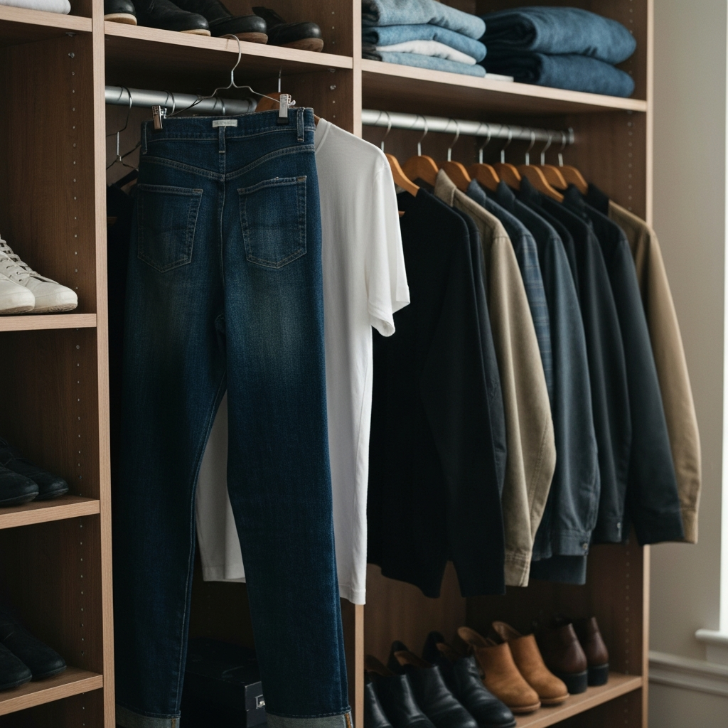 A well-lit bedroom closet, organized with clothing items hanging neatly. A pair of dark-wash denim jeans is prominently displayed, alongside a white cotton t-shirt and a black crew-neck sweater. Soft bokeh in the background highlights a variety of jackets and shoes.
