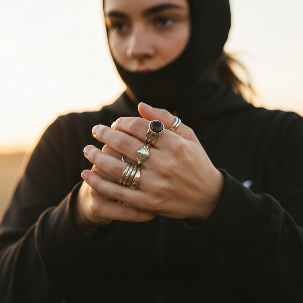 A close-up shot of a girl's hands, adorned with multiple rings of varying styles and materials. Soft, diffused light highlights the textures of the metal and stones. Focus is on the rings; face and body are blurred.