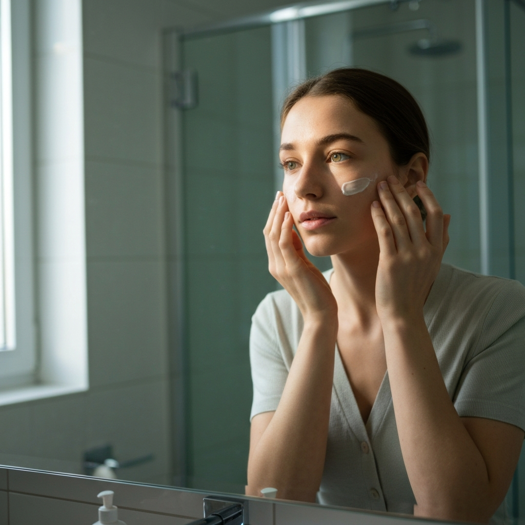 A girl standing in front of a bathroom mirror, applying a light tinted moisturizer to her face. Natural light from a window creates a soft, flattering glow. Focus on her hands and face, with the rest of the bathroom blurred.