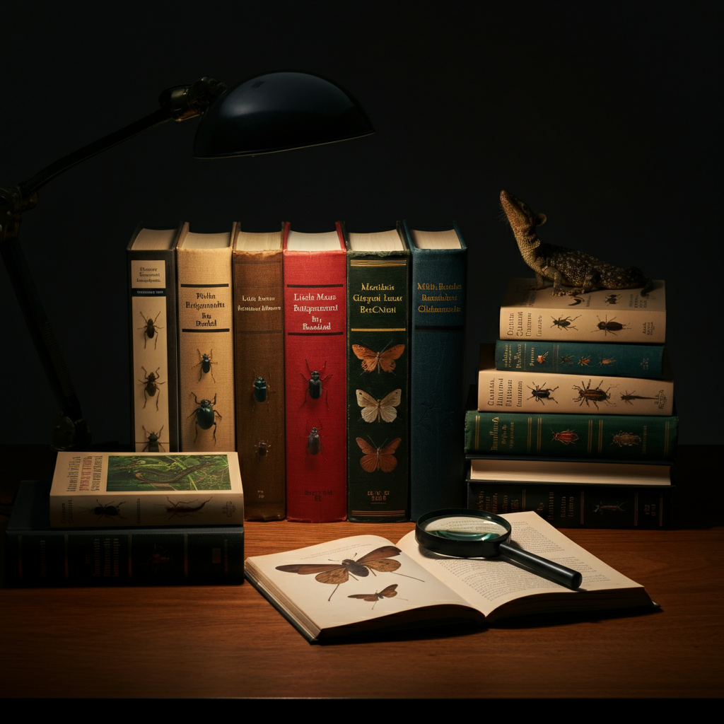 A well-lit home office desk with various field guides and books on insects, rodents, and reptiles neatly arranged. A magnifying glass rests on top of one of the books, highlighting the texture of the pages.
