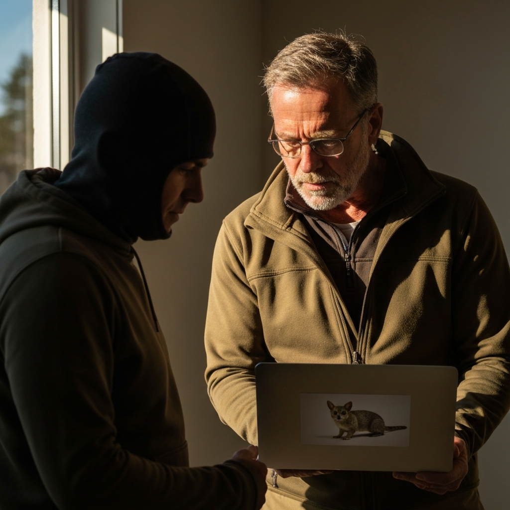 A wildlife expert, middle-aged and dressed in practical outdoor clothing, carefully examining a photograph of a small animal on a laptop screen. Sunlight streams in through a window, illuminating the expert's thoughtful expression.