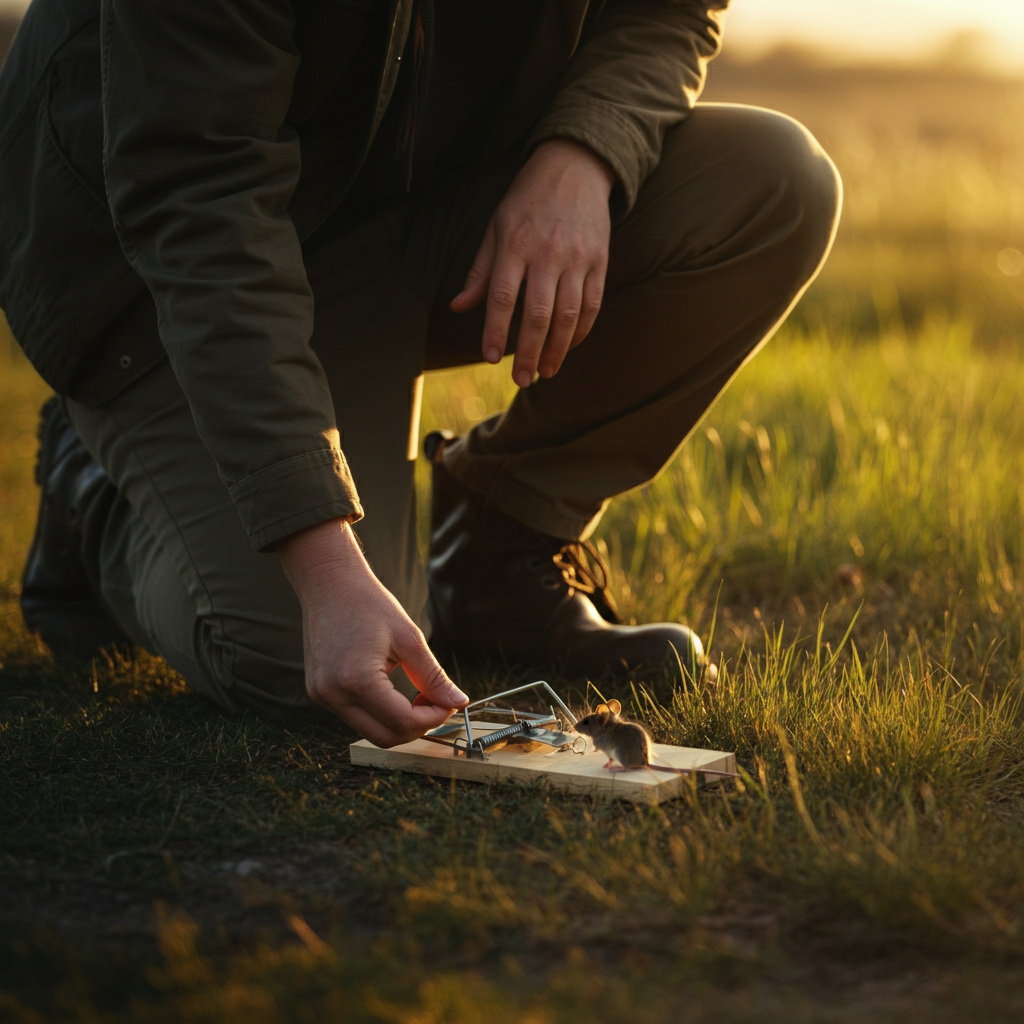 A person kneeling outdoors, gently opening a live trap to release a small mouse into a grassy field. The scene is bathed in golden hour lighting, creating a warm and peaceful atmosphere.