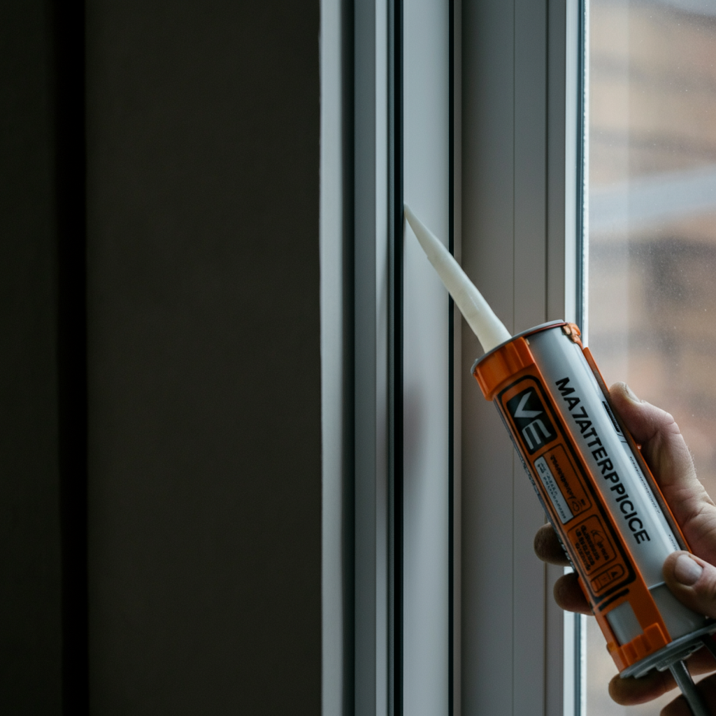 Close-up of a person using caulk to seal a gap around a window frame. The lighting is bright and focused, highlighting the texture of the caulk and the clean lines of the window.