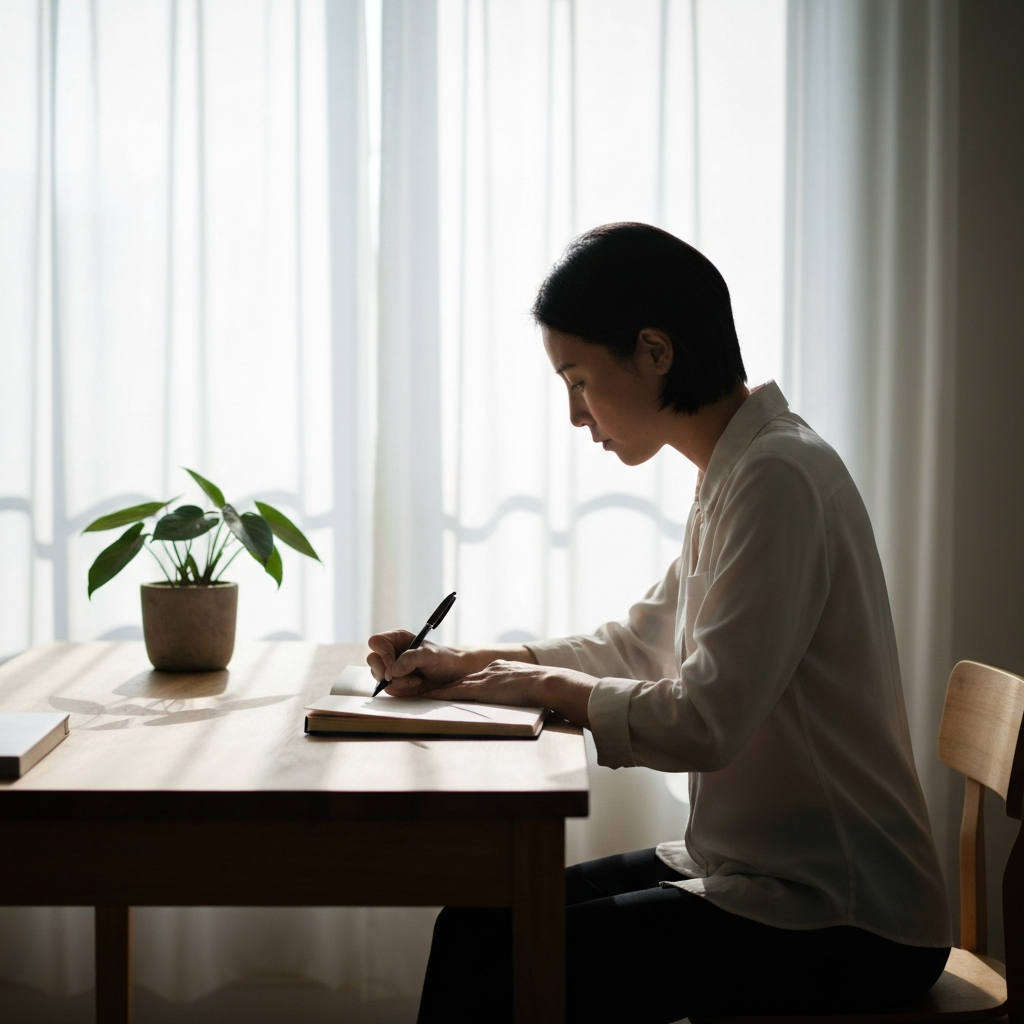 A person sitting at a wooden desk, writing in a journal. Soft, diffused light fills the room. A small plant sits on the desk, casting a gentle shadow.