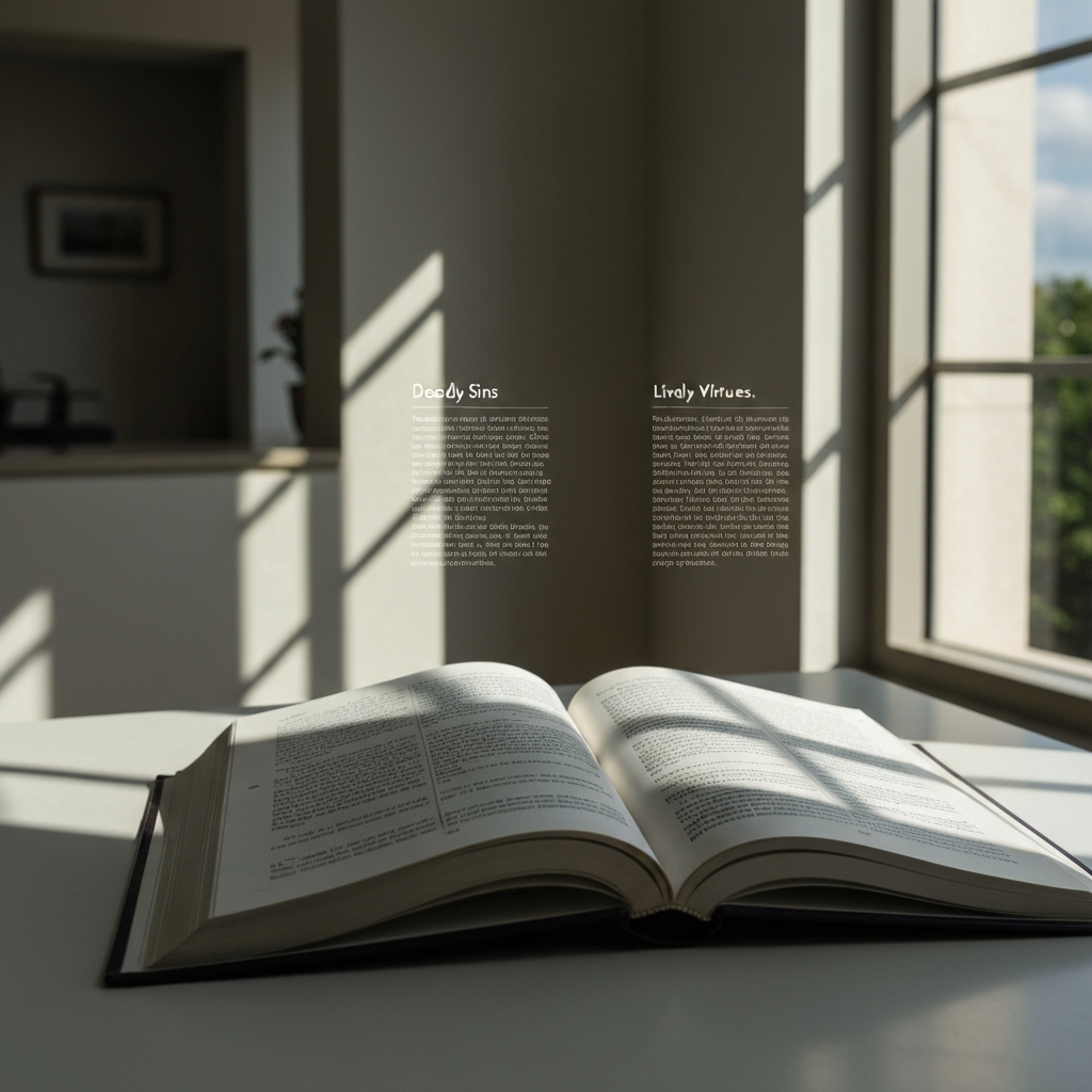 An open book resting on a table, with two columns titled "Deadly Sins" and "Lively Virtues." Sunlight streams in through a nearby window, highlighting the text.