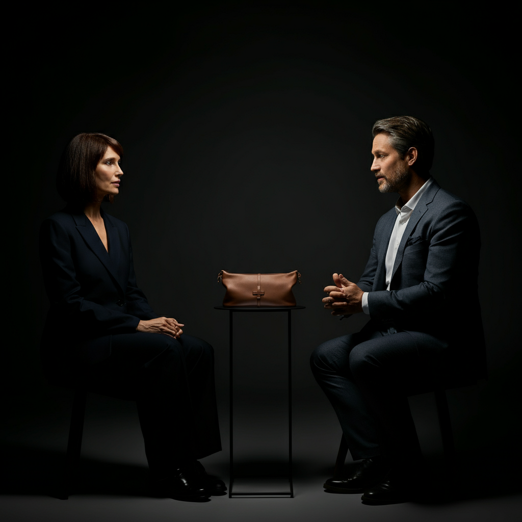 Two people sitting face-to-face, engaged in a conversation. One person is listening attentively, with a supportive expression. The scene is softly lit.