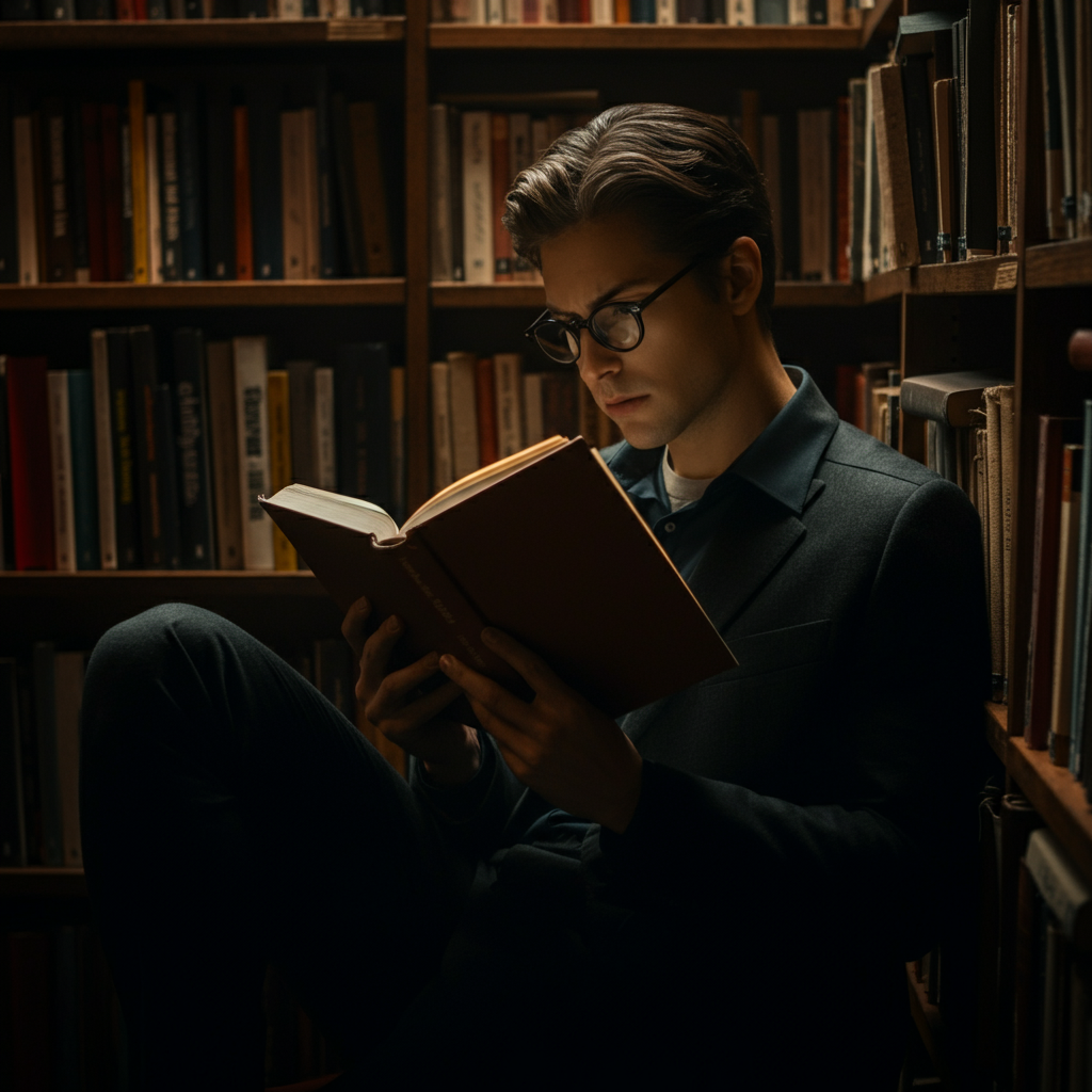 A person reading a book in a library. The shelves are filled with books, and the light is soft and diffused. The person is wearing glasses and appears to be deeply engrossed in their reading.