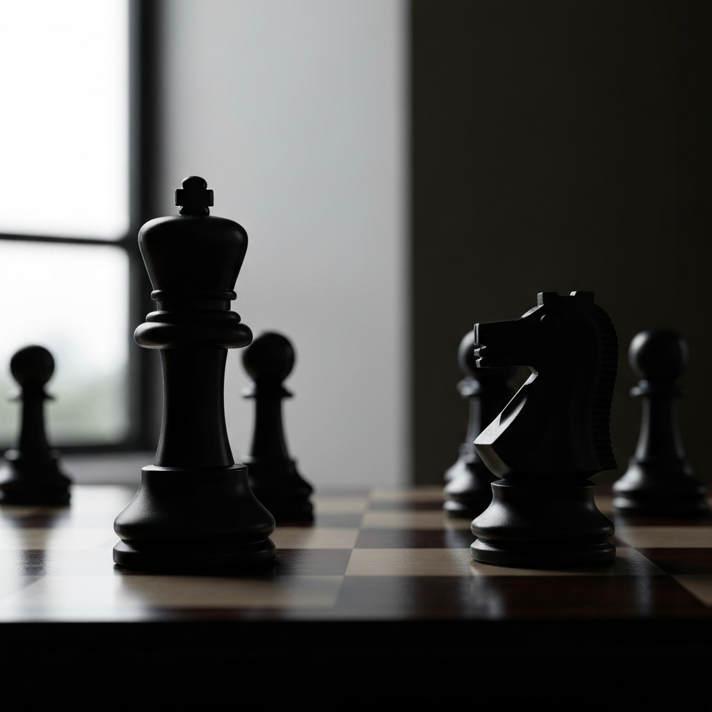 A close-up of a chessboard, with the black pieces in a dominant position. The lighting is dramatic, with strong contrasts.