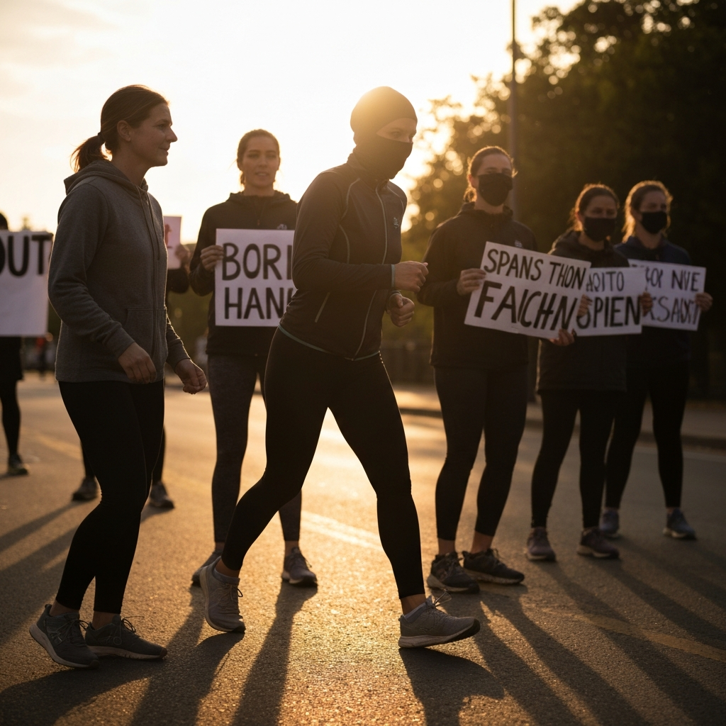 A group of people standing together, holding signs and protesting peacefully. The sun is shining, and the atmosphere is determined and hopeful.