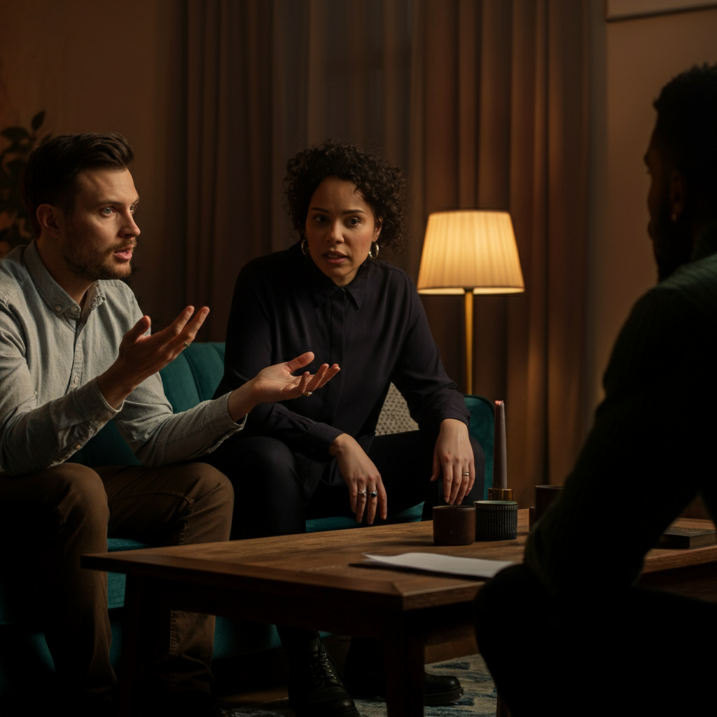 A softly lit living room. A diverse group of three friends sit around a coffee table, one gesturing emphatically while explaining something. Warm lamplight creates soft bokeh in the background, highlighting the textures of the upholstered furniture and wooden tabletop.