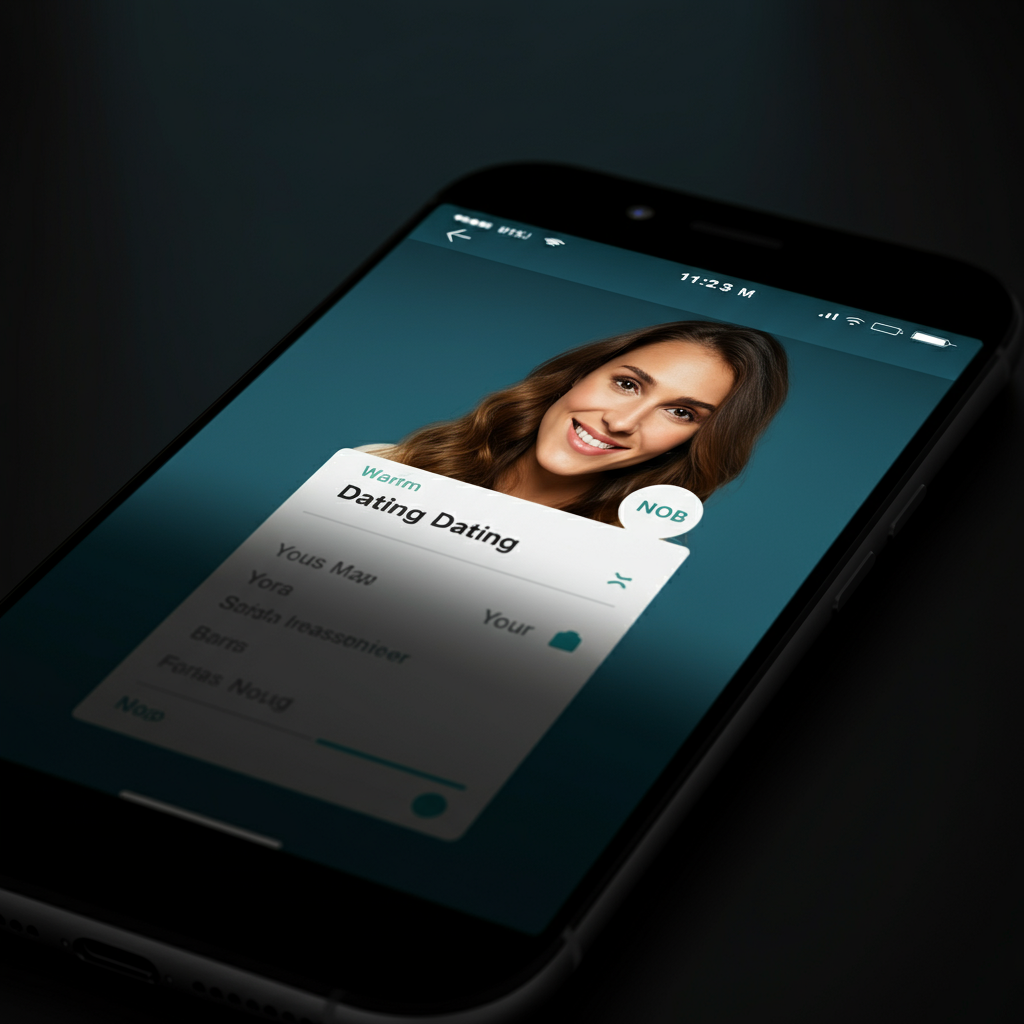 A close-up shot of a smartphone screen displaying a dating app profile. The lighting is deliberately flat and sterile. Focus is on the carefully curated photos and the bio section, emphasizing the superficial aspects of online dating.