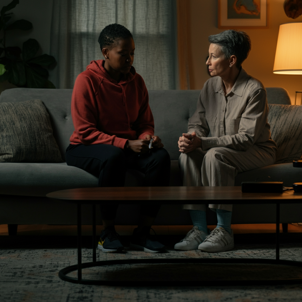 A therapist's office, bathed in soft, natural light. A person sits comfortably on a couch, engaged in conversation with the therapist. Focus is on their expressions, capturing a sense of vulnerability and openness. The room is decorated with calming colors and textures.