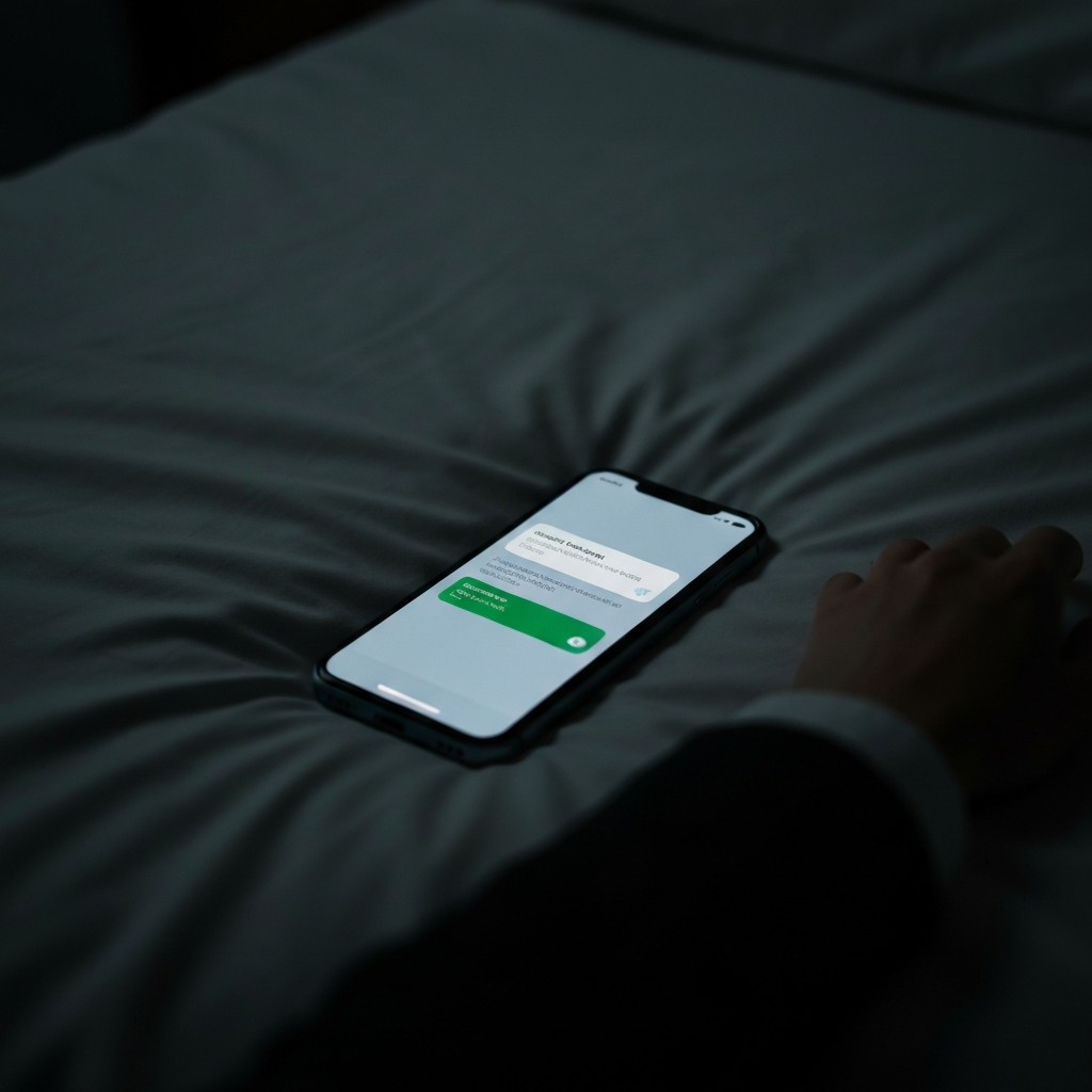 A dimly lit bedroom. A smartphone lies on the bed, displaying a text message notification. The lighting is dramatic, with shadows accentuating the feeling of isolation and betrayal. Focus is on the phone and the message, conveying a sense of emotional turmoil.