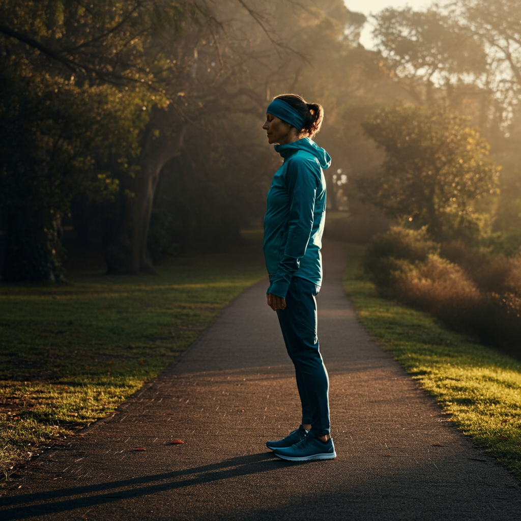 A runner in athletic wear standing at the edge of a park trail at sunrise, taking a deep breath. Soft, golden hour lighting illuminates the scene.