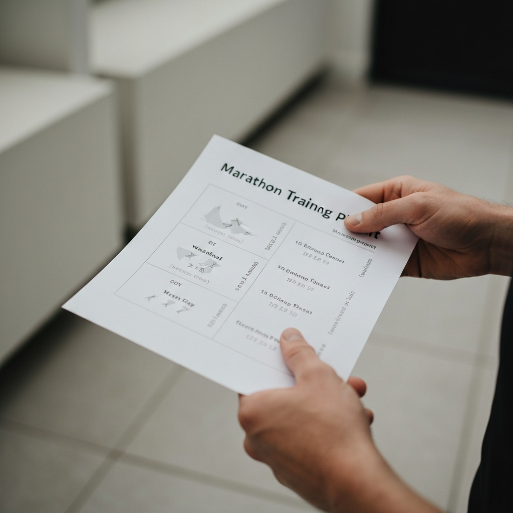 Close-up shot of a runner's hands holding a printed marathon training plan, highlighting the different workout types and mileage. Shallow depth of field with soft bokeh.