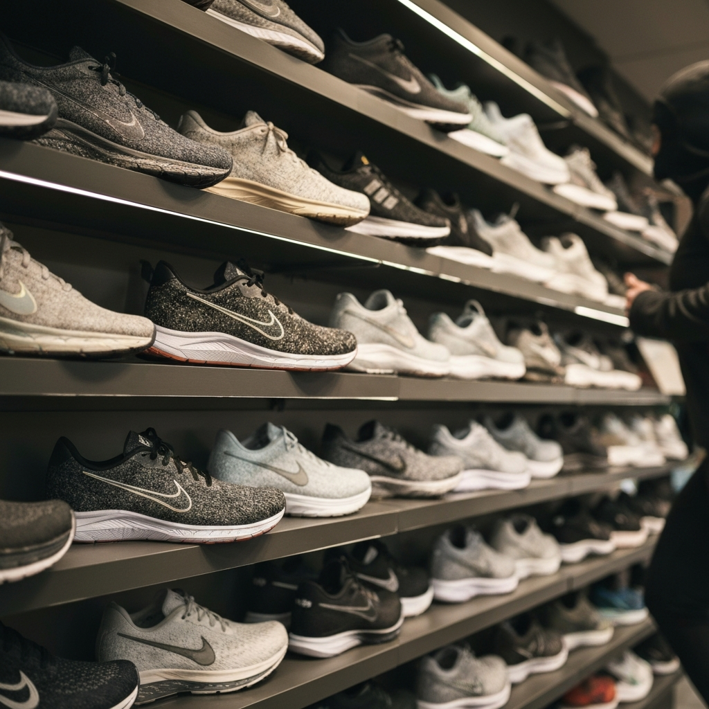 Various running shoes displayed on a shelf in a running store, highlighting the different textures and colors of the shoe materials. Natural, diffused lighting.