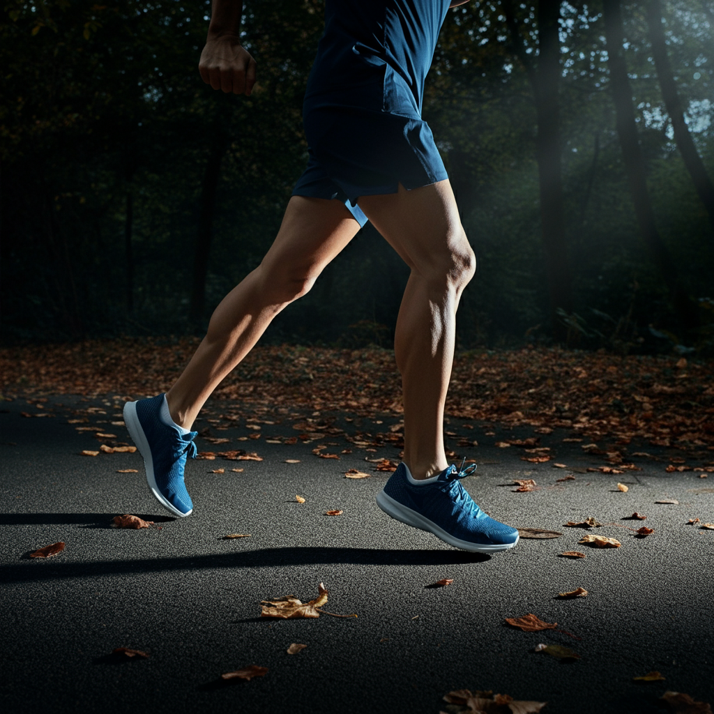 Runner’s legs in motion on a paved path through a forest, leaves scattered around. Side-lit textures with dappled light coming through the trees.