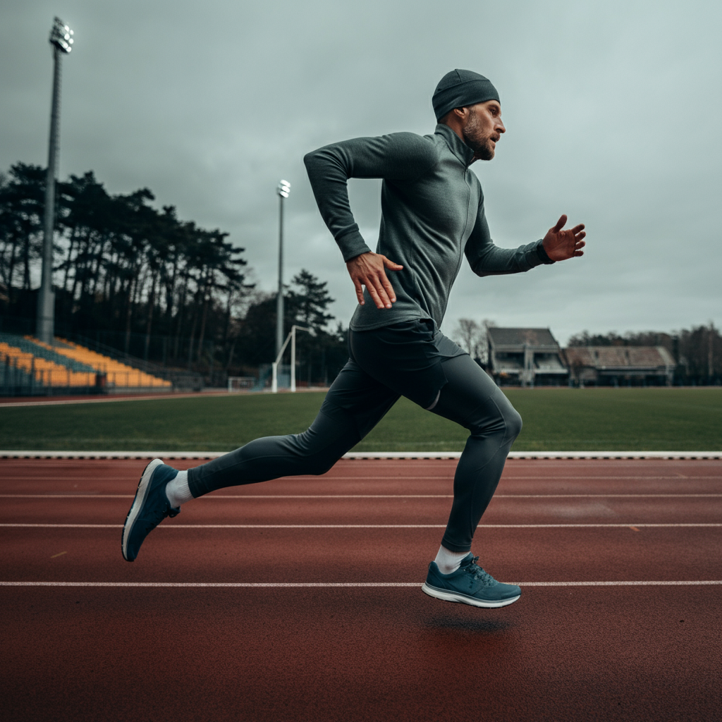 A track with runners participating in interval training, showing focused expressions. Bright, overcast daylight with uniform lighting.