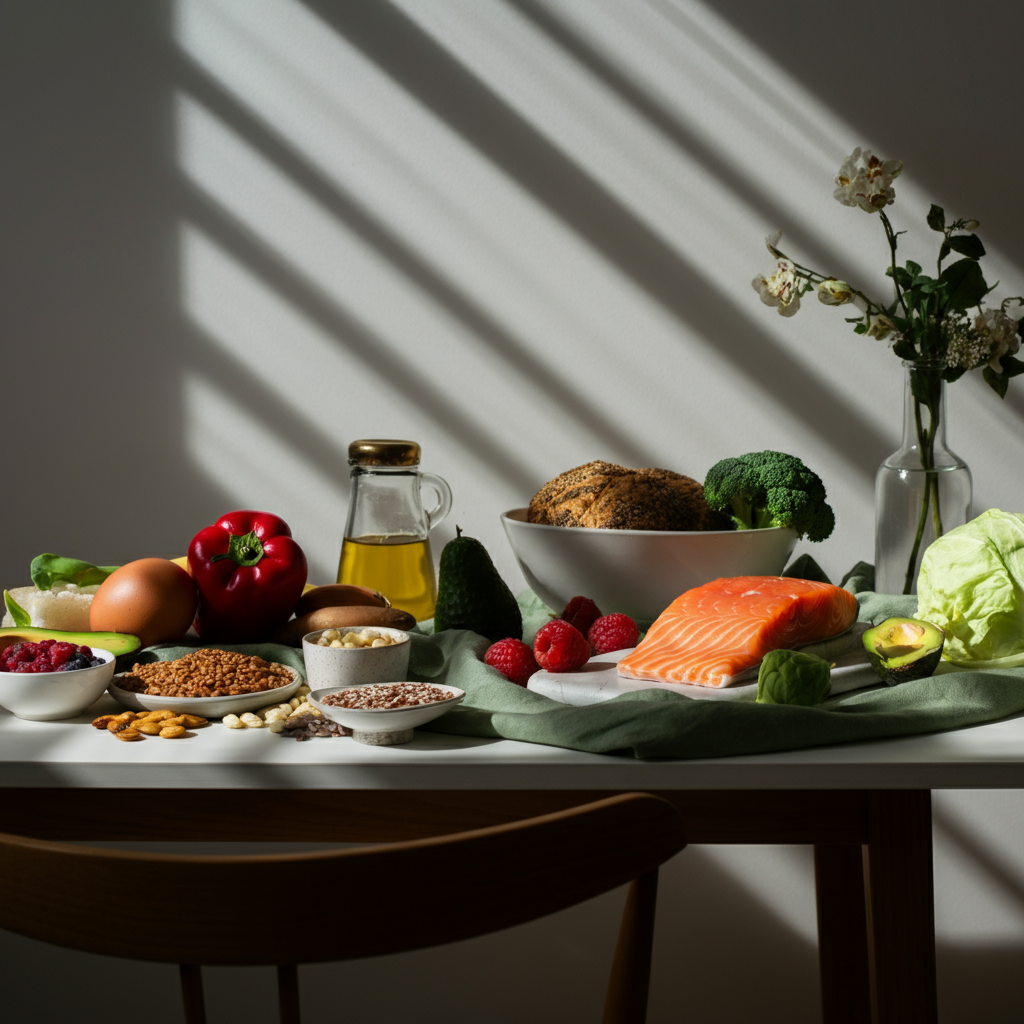 A table with healthy food laid out: fruits, vegetables, whole grains, and lean protein. Soft, natural light coming from a window.