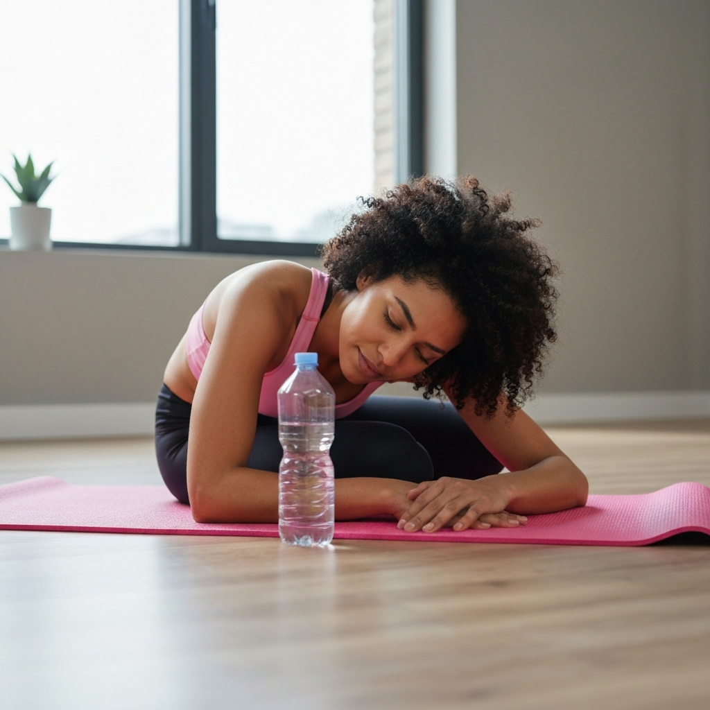 A person resting on a yoga mat after a run, with a water bottle nearby. Soft, diffused light coming through a window.