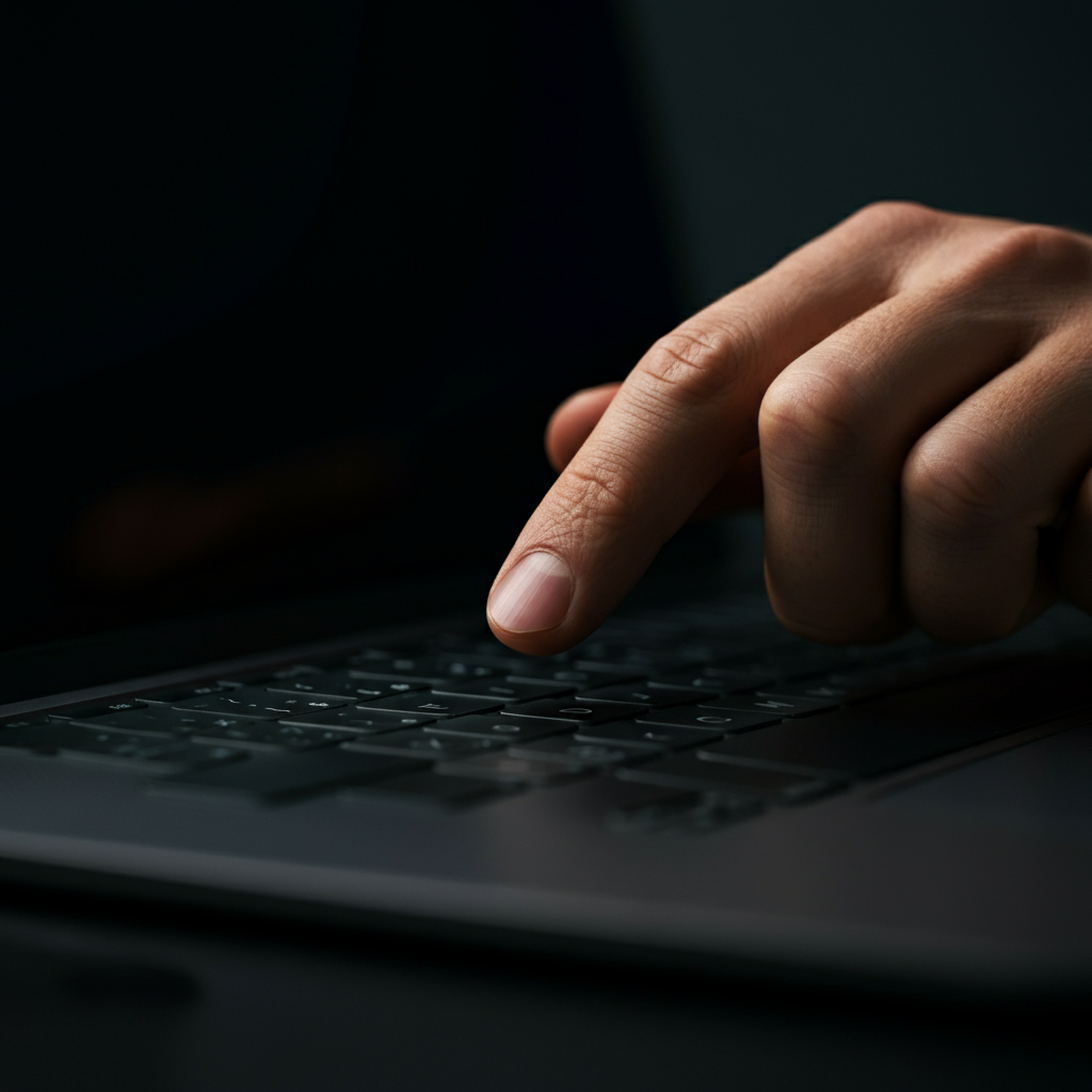 Close-up shot of a hand hovering over a laptop keyboard, fingers poised above the keys. Soft, diffused lighting illuminates the keys, highlighting the texture of the keycaps.
