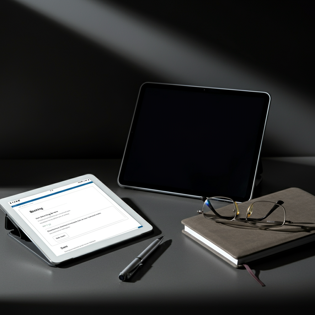 An organized desk space with a booking confirmation email displayed on a tablet screen. A pen rests beside the tablet, and a pair of reading glasses are casually placed on top of a closed notebook.