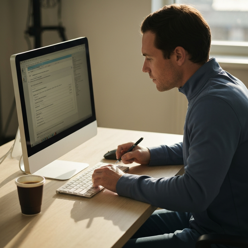 Medium shot of a person sitting at a desk, focused on filling out an online form on their computer. The room is bathed in natural light, and a cup of coffee sits to the side.