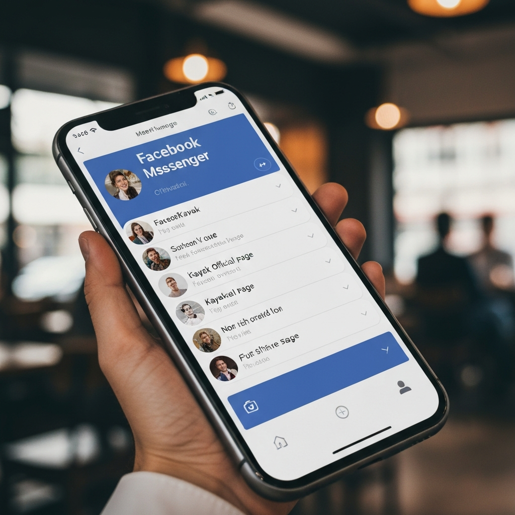A smartphone displaying the Facebook Messenger app, showing a conversation thread with the Kayak official page. The background is slightly blurred, suggesting a busy cafe environment.