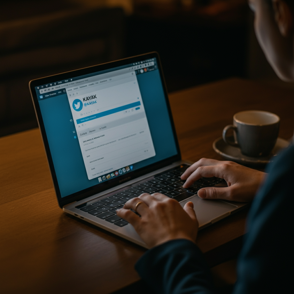 Overhead shot of a laptop screen showing the Twitter interface, with a drafted tweet to @KAYAK visible. The lighting is warm and even, highlighting the text on the screen.