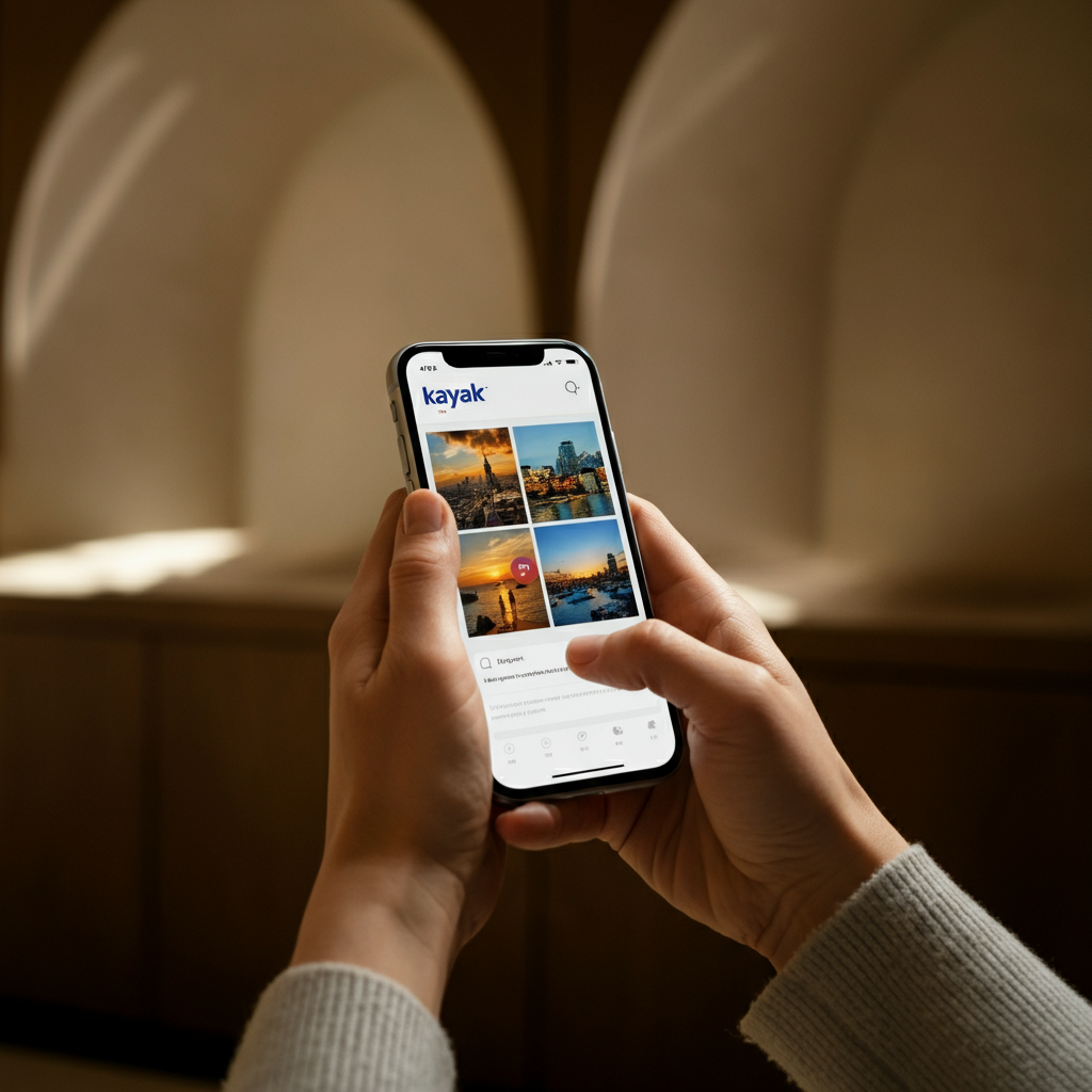 A hand scrolling through the Kayak Instagram profile on a mobile phone. The focus is on the vibrant travel images and the comment section of a post.