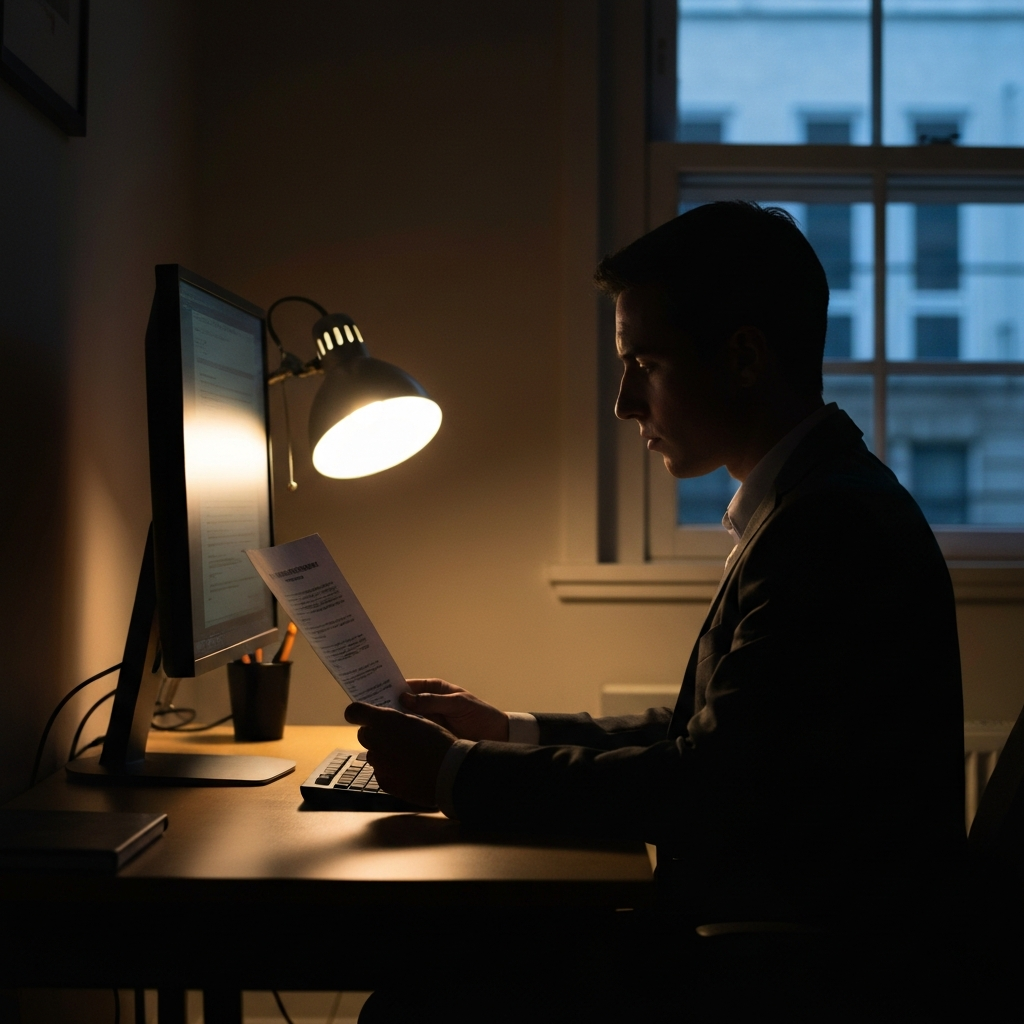 A dimly lit room with a person silhouetted against a monitor, reading an official document. Soft bokeh from desk lamp highlights the focus on reading. The room has a focused, studious mood.