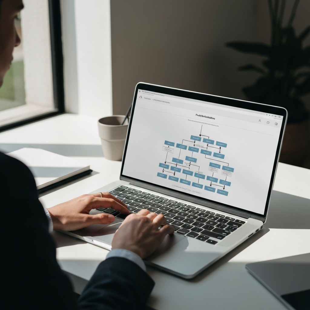 A laptop displays a complex flowchart visualization of funding distribution. Hands are typing on the keyboard. The scene is brightly lit with natural light coming from a nearby window.