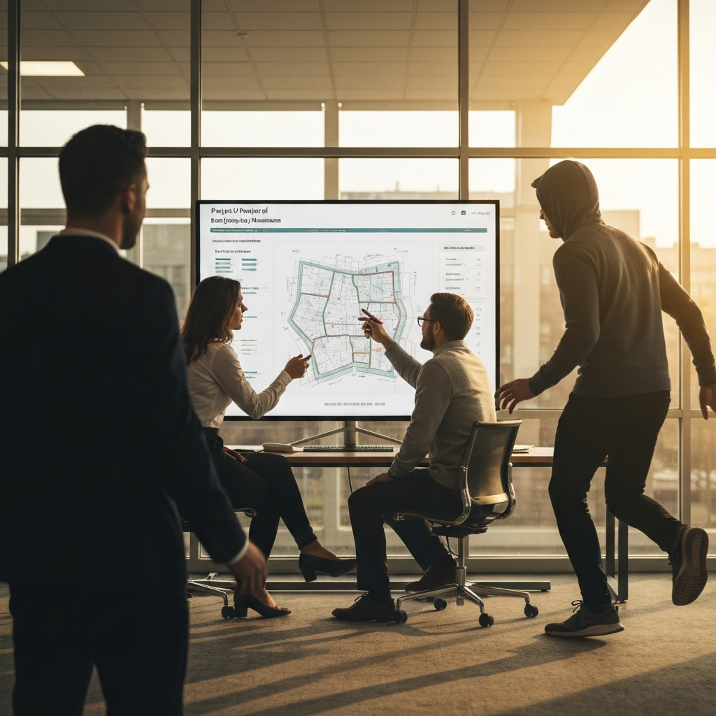 An office setting with people in professional attire collaborating over a project plan displayed on a large screen. The screen displays data analysis of bid/contract awards. Soft golden hour lighting streams through the windows.