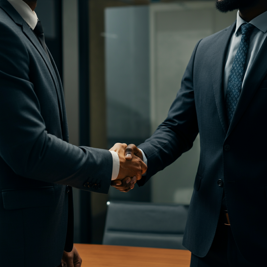 A well-appointed conference room with people shaking hands after a meeting. The room is brightly lit and professional. Soft focus on the background, highlighting the handshake.