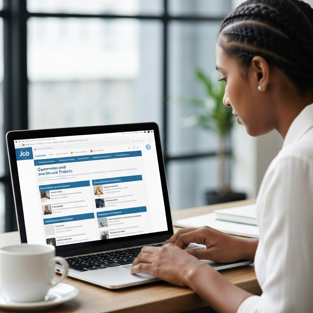 A person working on a laptop, browsing job websites with a focused expression. The screen is displaying various job listings related to government and stimulus projects. Soft bokeh background with a coffee mug.