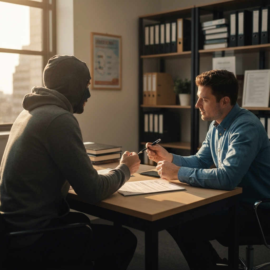 A warmly lit office setting in an unemployment office. A career counselor is sitting across from a job seeker, reviewing their resume and offering guidance.
