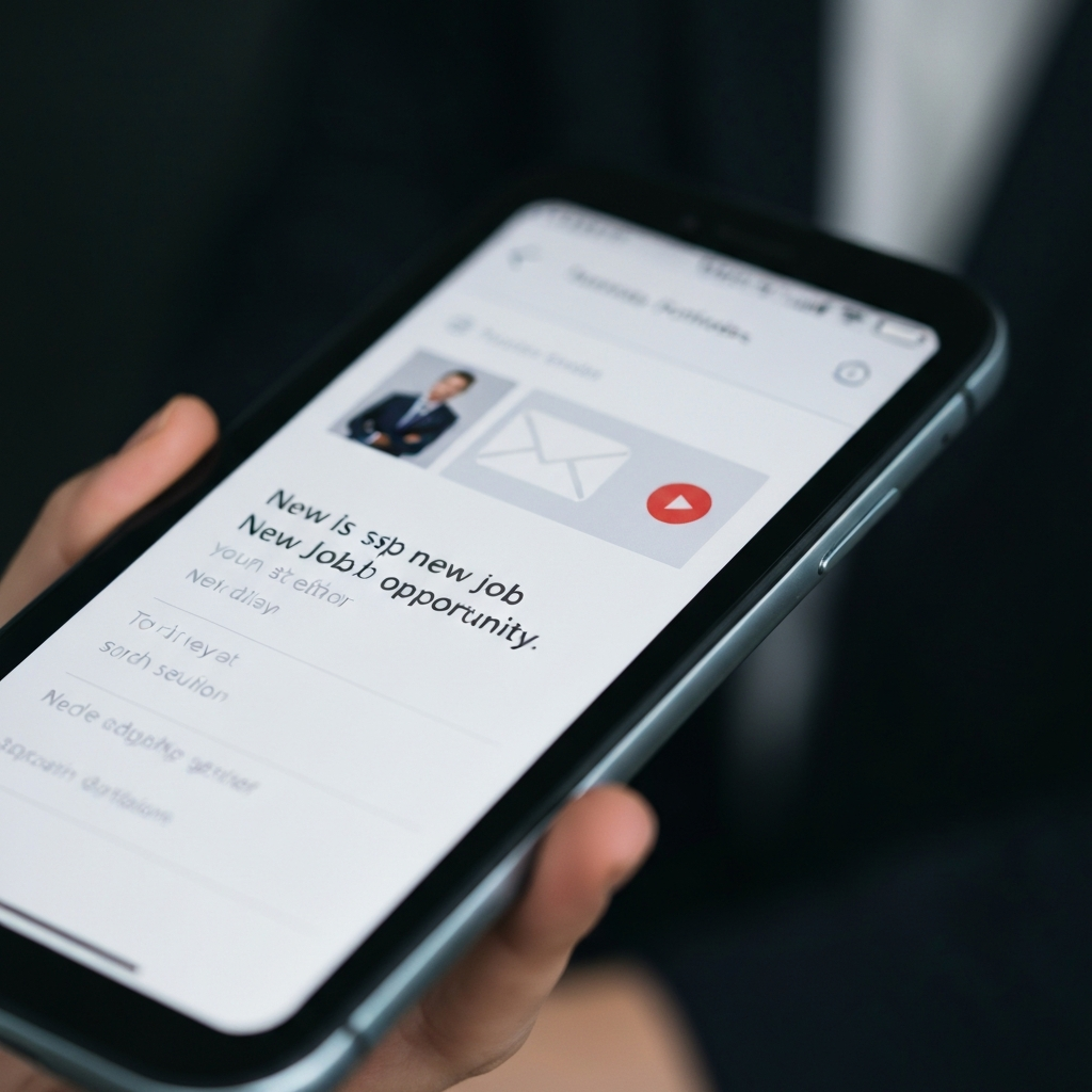 A close-up of a smartphone screen displaying an email notification about a new job opportunity. The background is blurred to emphasize the notification.