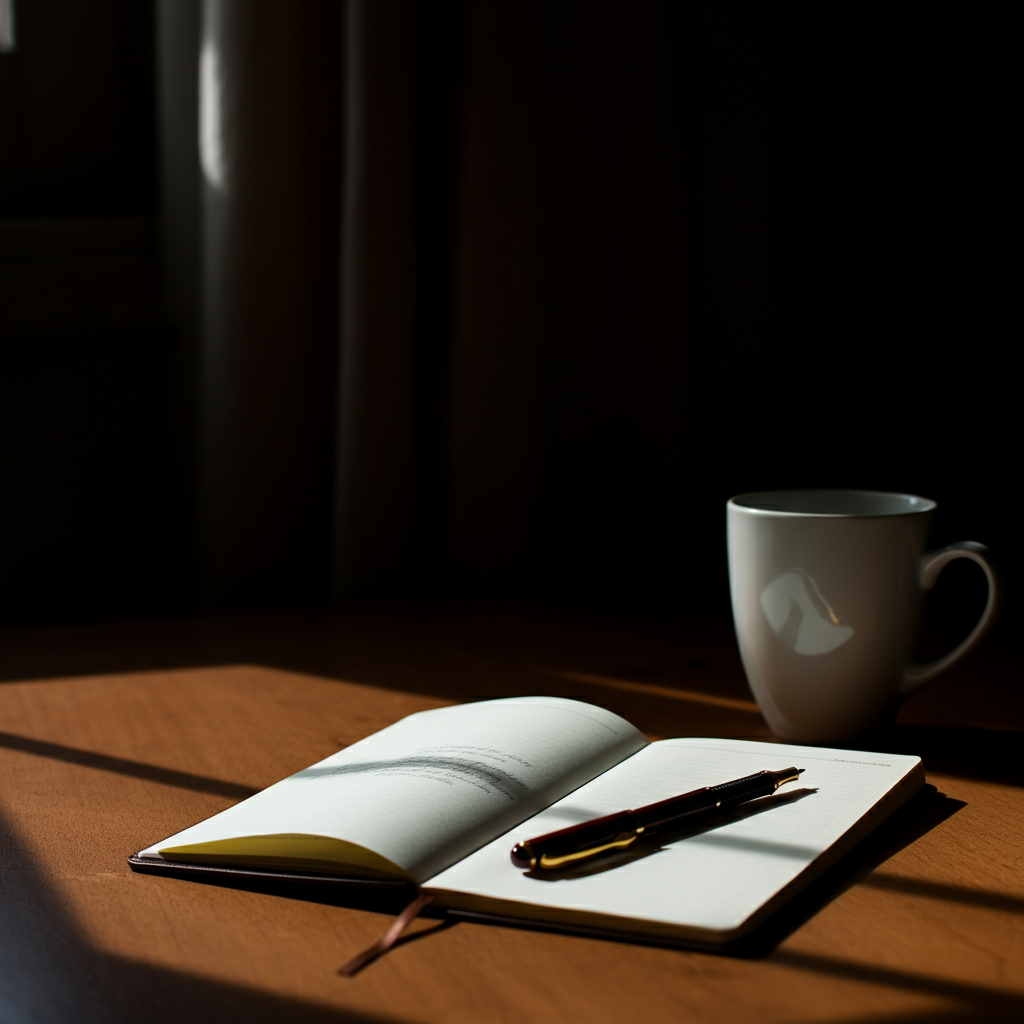 Soft focus shot of a journal and pen on a wooden desk. Natural light streams in from a nearby window, highlighting the texture of the paper. A half-empty mug of tea sits beside the journal.