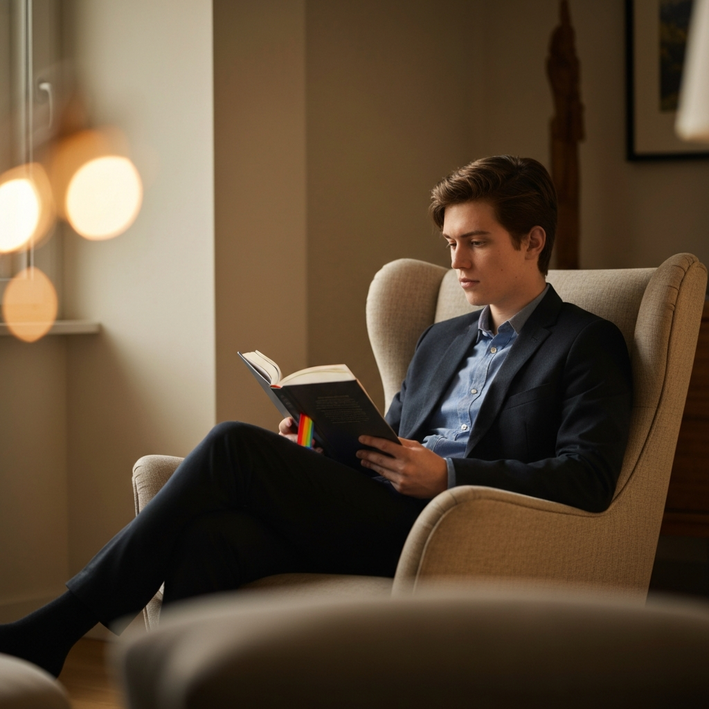 A young person sitting in a comfortable armchair, reading a book with a rainbow-colored bookmark. The room is warmly lit, with soft bokeh in the background.
