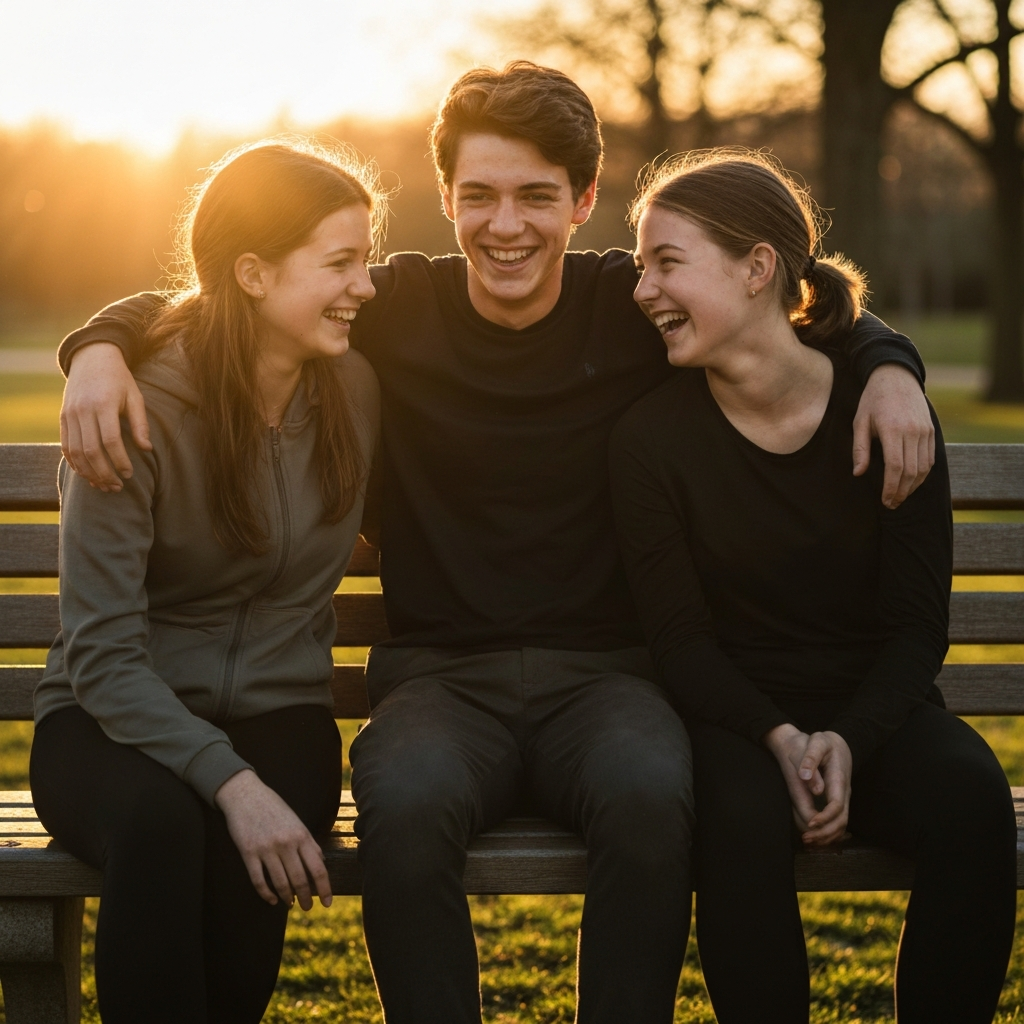 Three teenagers sitting together on a park bench, laughing. The sun is setting, casting a golden glow on their faces. One teenager has an arm around another. They are all casually dressed.
