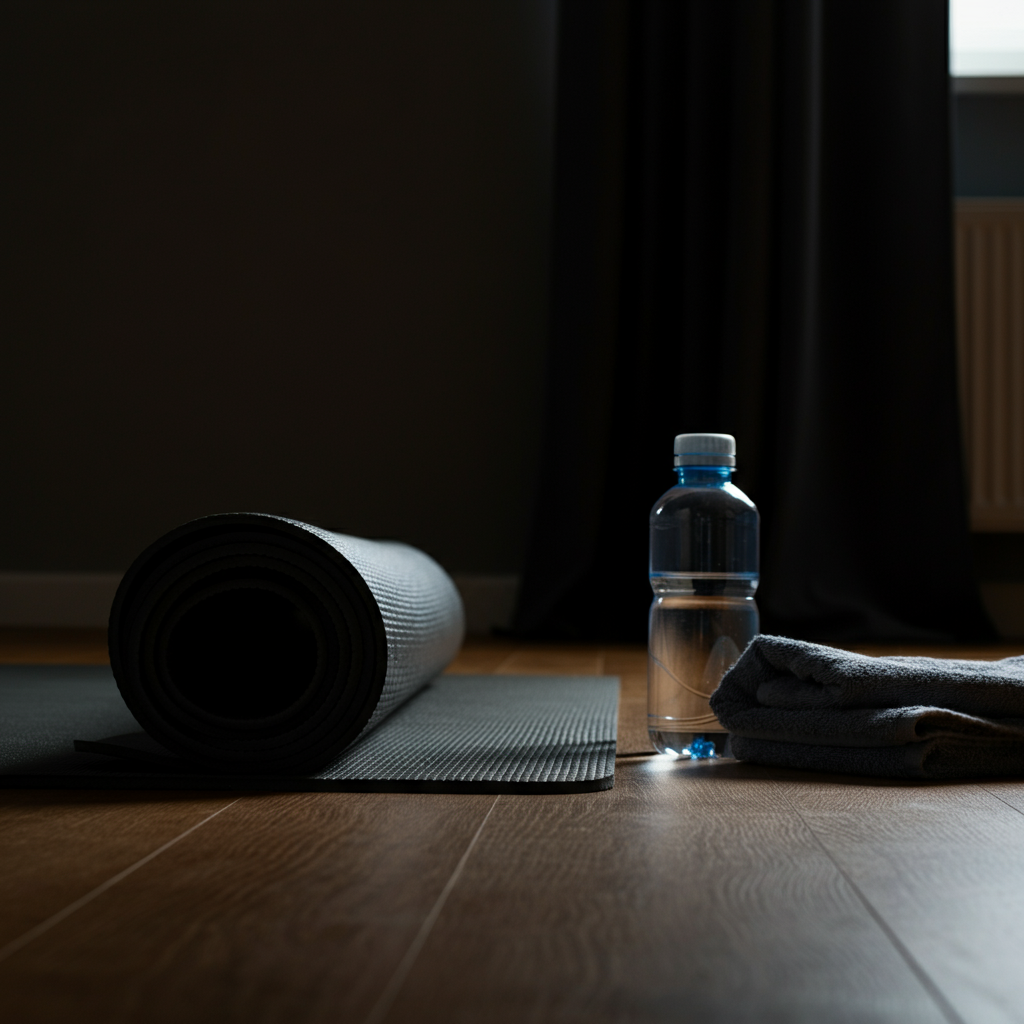 A close-up shot of a yoga mat on a wooden floor. A water bottle and a small towel are placed neatly beside the mat. The room is bright and airy.