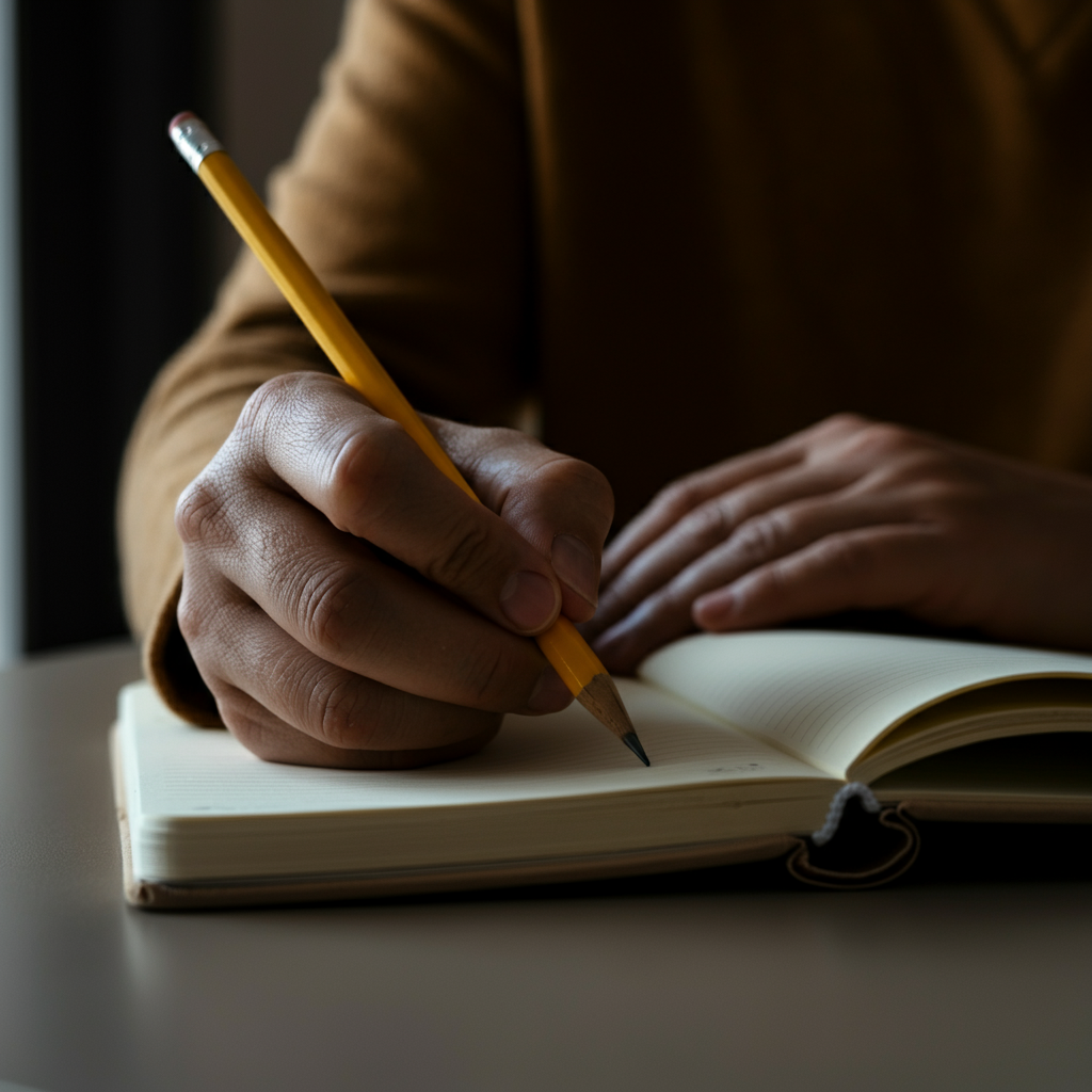 A hand writing in a notebook with a pencil. The notebook lies open on a desk with a blurred background of a bright room.