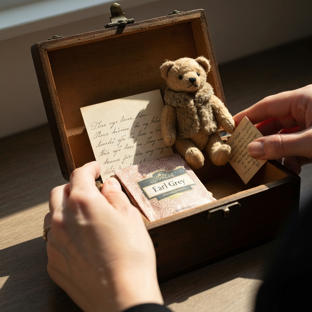 A close-up shot of a person's hands carefully organizing items in a small box. The items include a small teddy bear, a handwritten note, and a small packet of tea. Soft, diffused lighting.