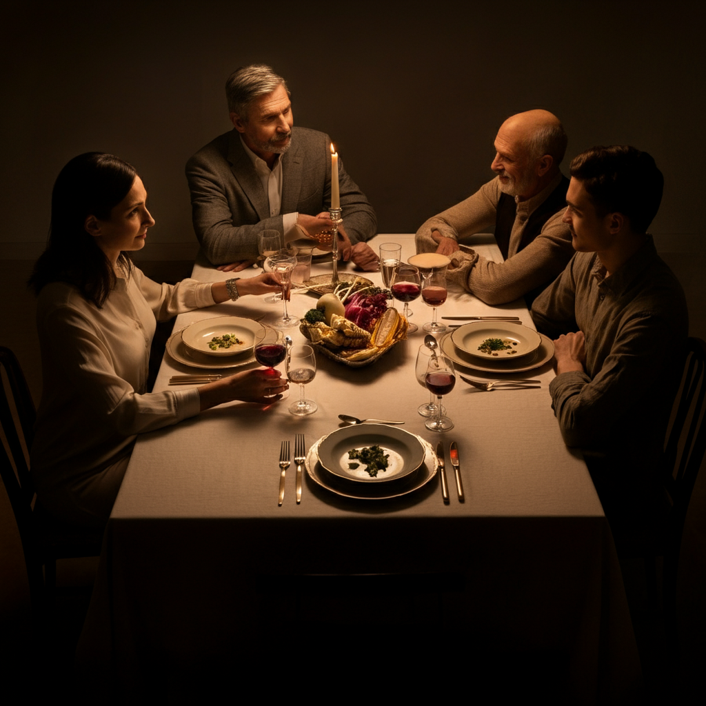An aerial view of a family gathered around a dinner table. Soft, warm lighting illuminates their faces as they interact. The camera angle is slightly elevated, providing a sense of overview and perspective.