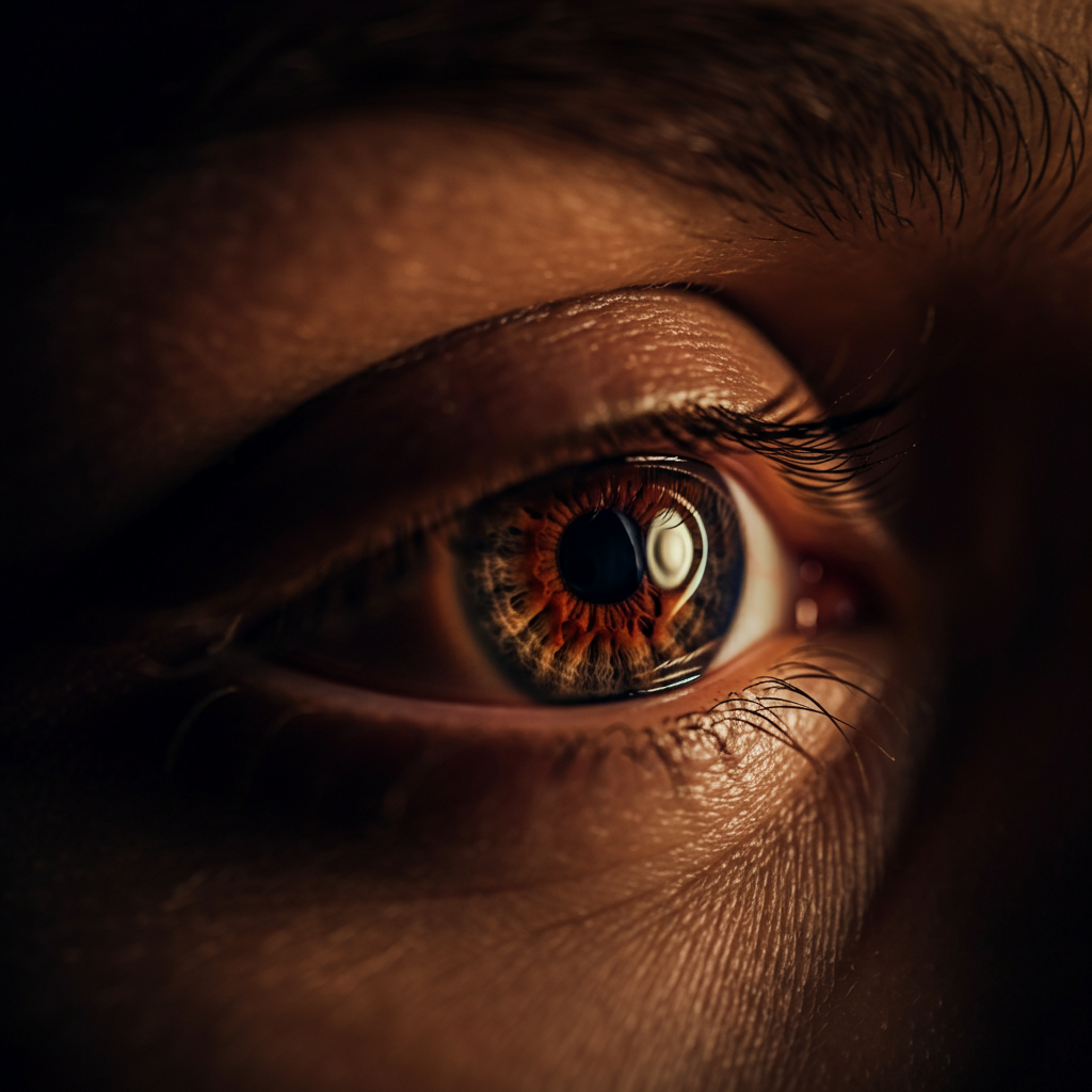 Extreme close-up of a person's eye reflecting a flickering candle flame. The focus is sharp, capturing the details of the iris and eyelashes. The lighting is dim and atmospheric, creating a sense of intimacy and reflection.